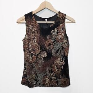 White‎ Stage Floral Neutral Brown Black Y2K Dressy Vintage Tank Top Size Small